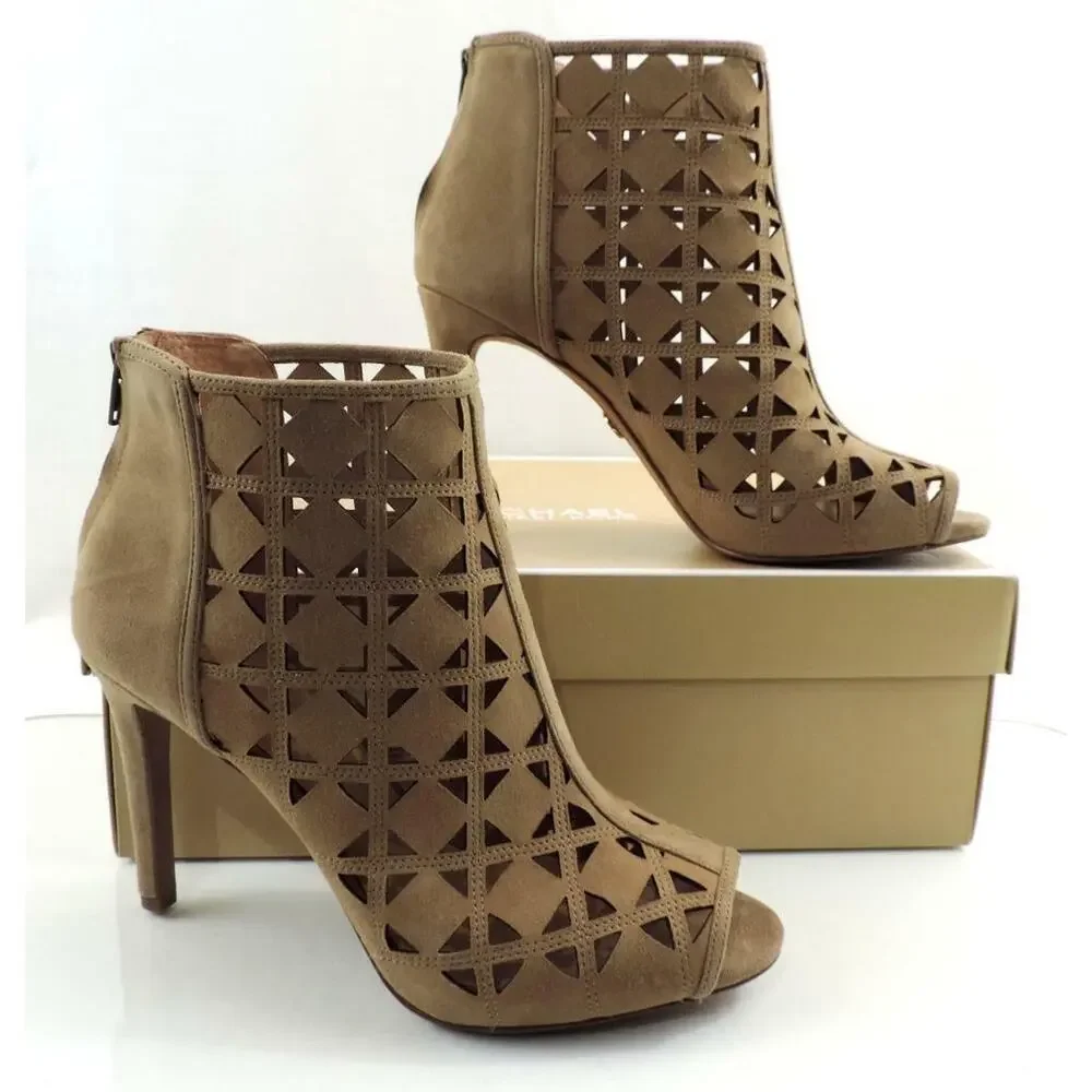 Michael Kors Size 10 Ivy Bootie High Heel Open Toe Sandals Suede Dark Khaki
